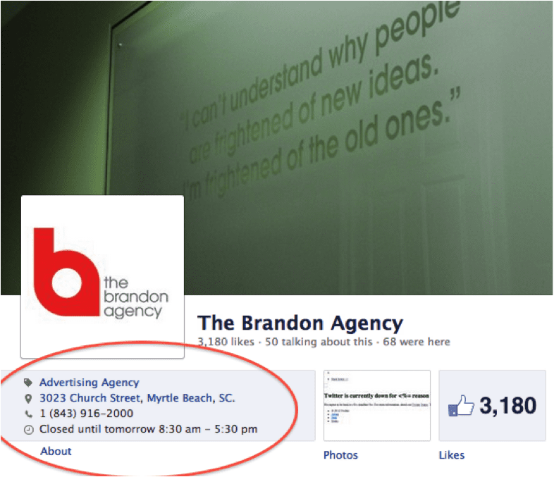 The Brandon Agency Facebook page with About section circled