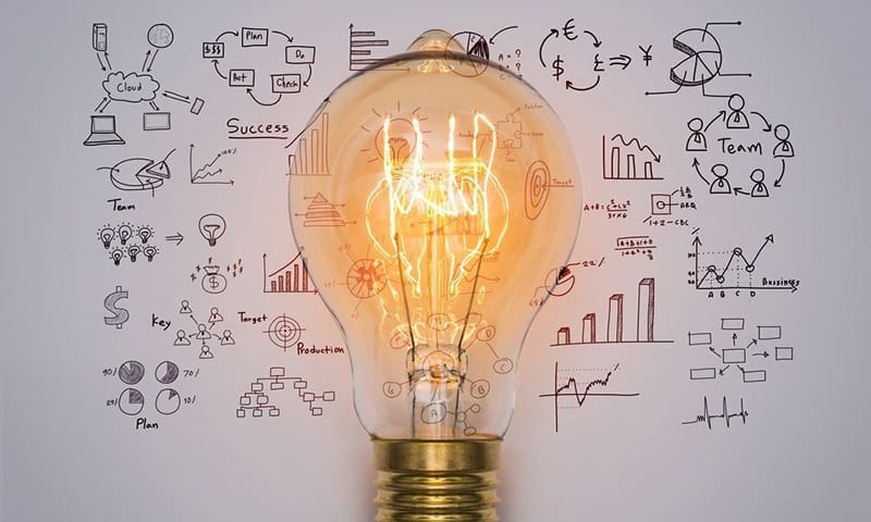 Light bulb surrounded by graphs and charts