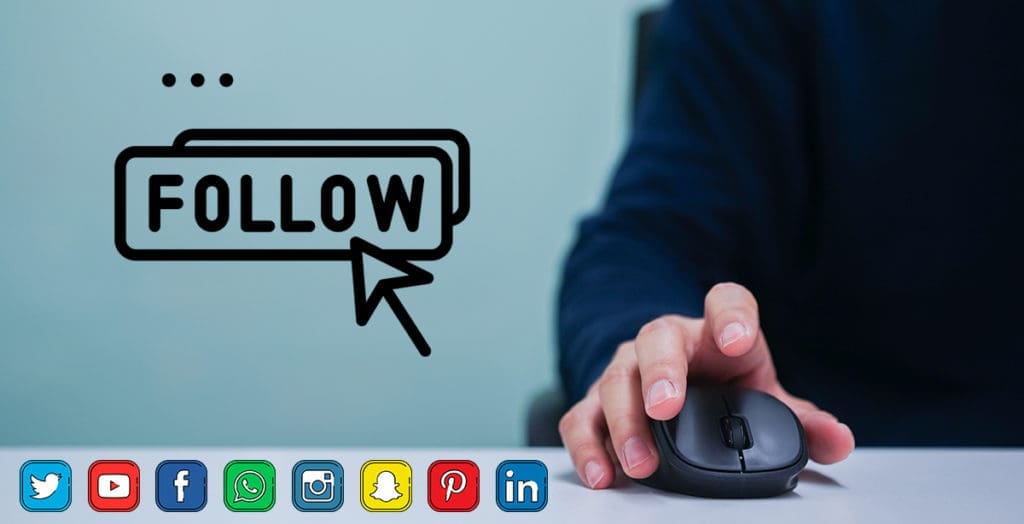 Follow button above hand clicking on mouse and social media icons