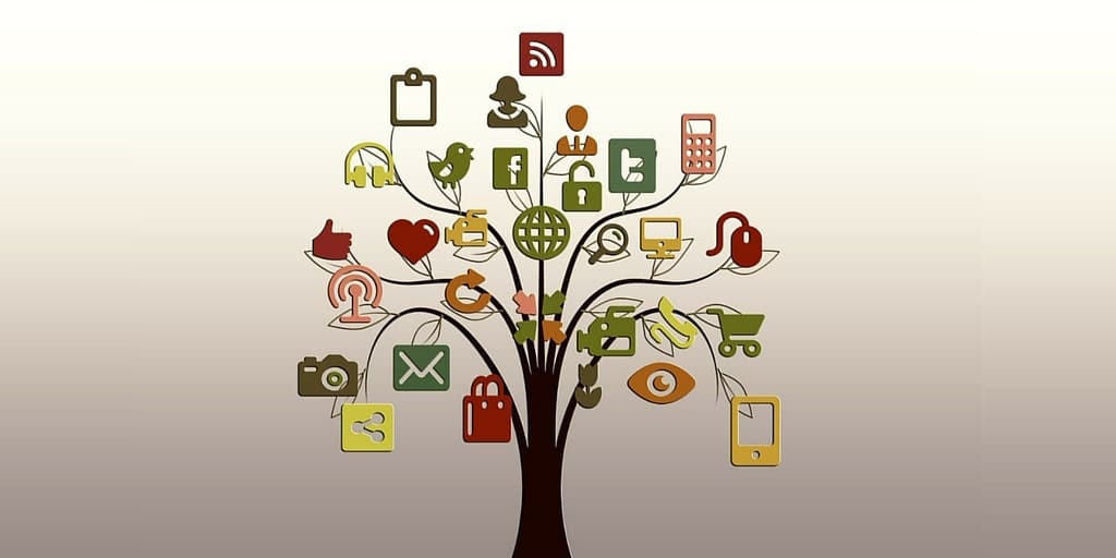 Tree with different digital marketing icons on it